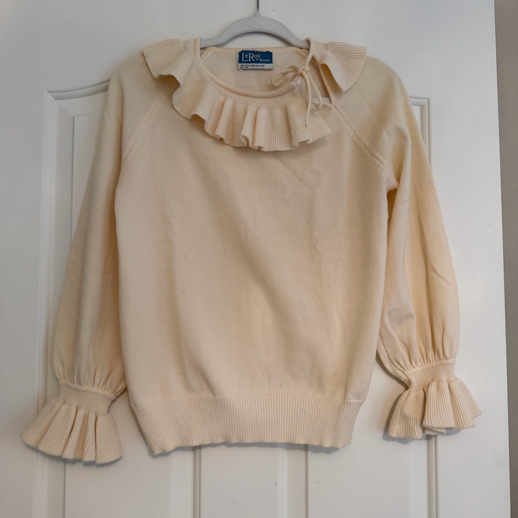 Vintage Leroy Knits Cream Ruffle Bow Sweater